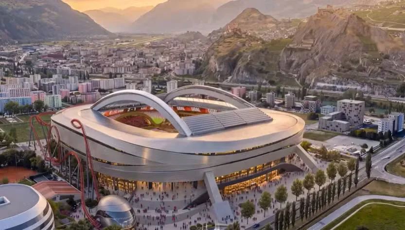 Maquete do Cervin Coliseum, projeto de estádio do Sion com montanha-russa integrada