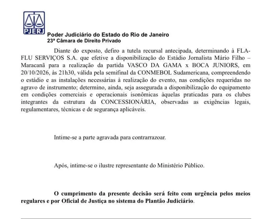 Decisão do desembargador Marco Antônio Ibrahim, da 23ª Câmara de Direito Privado do Tribunal de Justiça do Rio de Janeiro (TJRJ), dando parecer favorável ao Va
