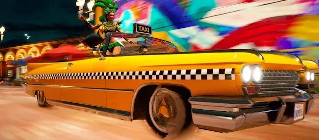 Cena de gameplay de Crazy Taxi: World Tour mostrando ruas urbanas e paisagens do Rio de Janeiro com referências à cultura brasileira