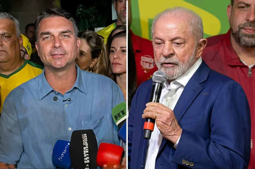 Campanha das eleições presidenciais de 2026 com candidatos Flávio Bolsonaro e Lula