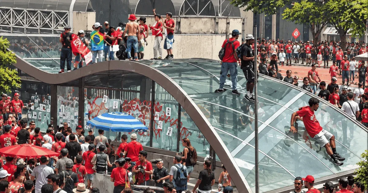 Avenida Paulista durante manifestação de apoio à reeleição de Lula, com estruturas de acesso a estações de metrô ao fundo