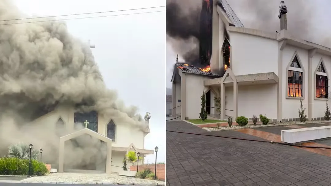 Incêndio de grandes proporções atinge Igreja Matriz de Treze de Maio, em Santa Catarina