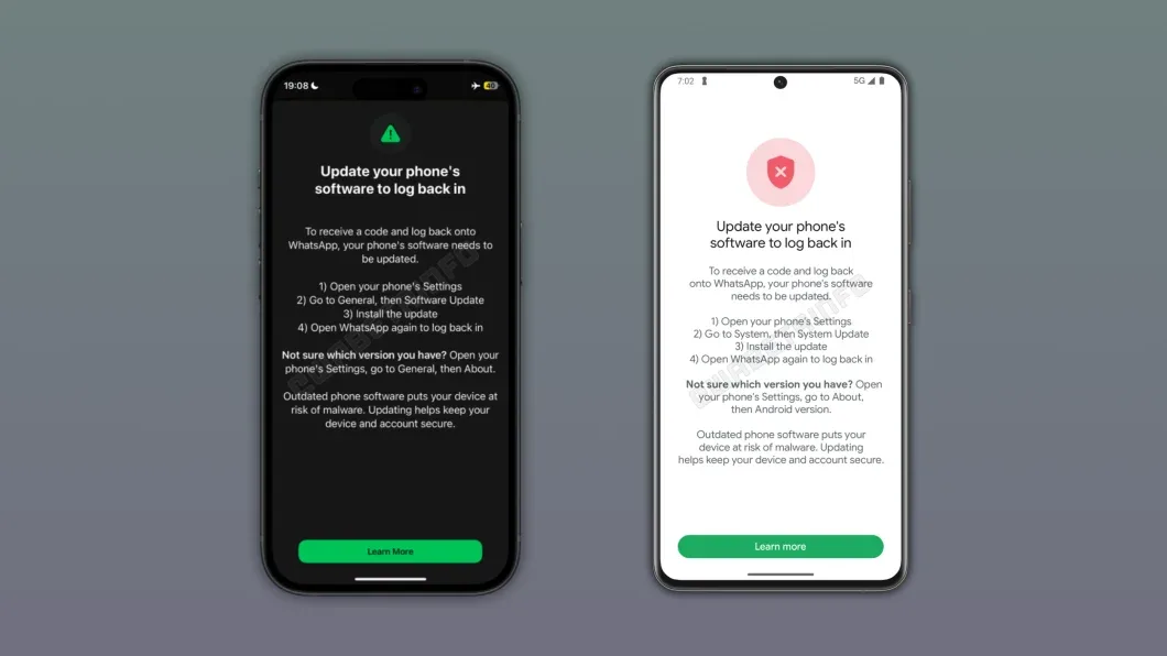 captura de tela do WhatsApp com mensagem de bloqueio por atualização de software