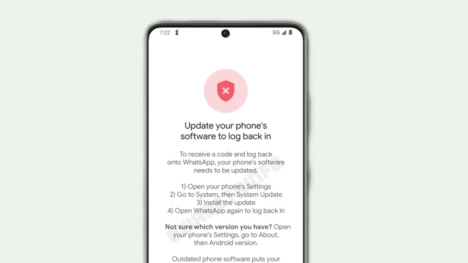 Tela de alerta do WhatsApp indicando atualização obrigatória do sistema operacional